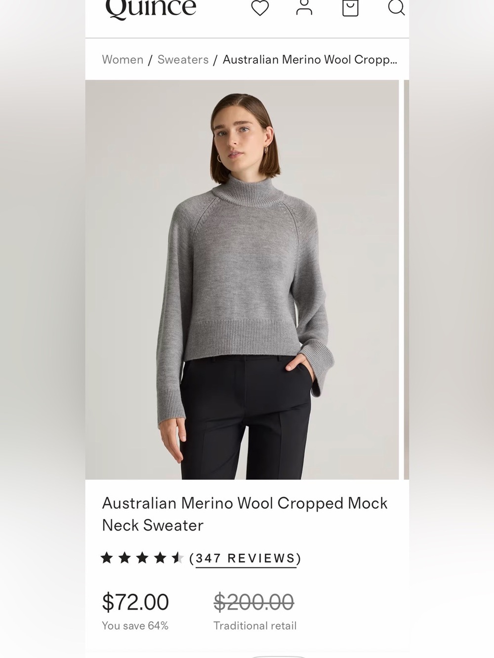 Quince Gray Cropped Mock Neck Merino Sweater